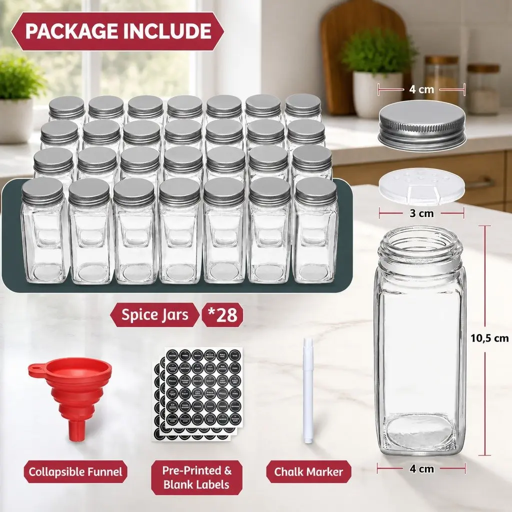 4-Tier Spice Rack Organiser with 28 Glass Jars Labels Funnel and Marker Black