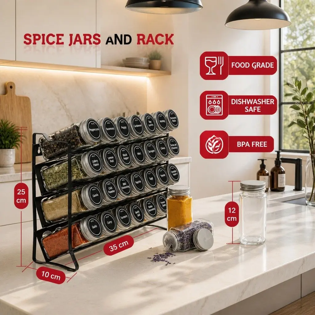 4-Tier Spice Rack Organiser with 28 Glass Jars Labels Funnel and Marker Black