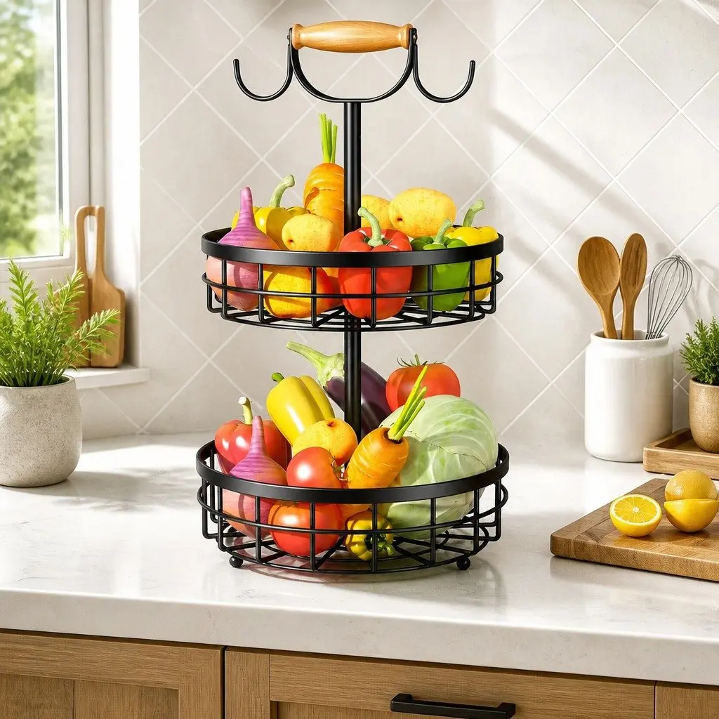 2-Tier Fruit Basket with Wood Handle