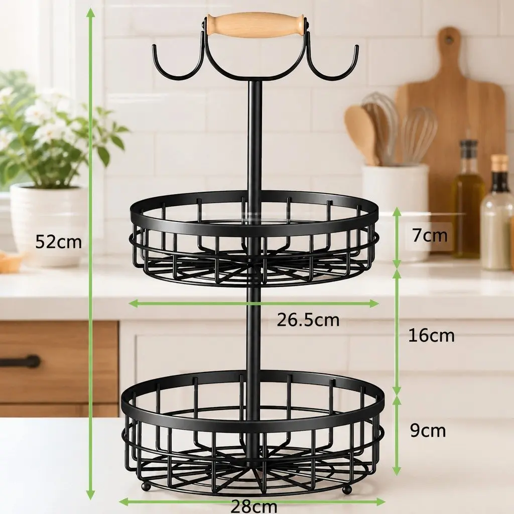 2-Tier Fruit Basket with Wood Handle