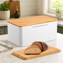 Bread Bin with Bamboo Lid Chopping Board Kitchen Storage Container Countertop