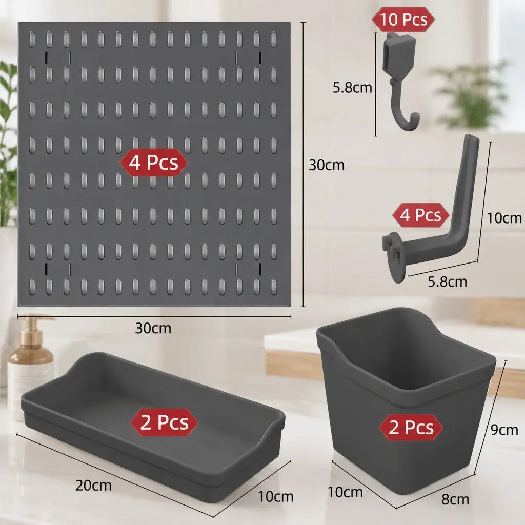 Pegboard Wall Organiser Kit Modular Hanging Storage 4 Panels 18 Accessories