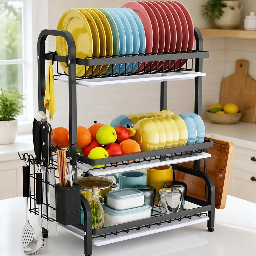 Dish Drying Rack 3 Tier Large Capacity Kitchen Storage Utensil Cutting Board