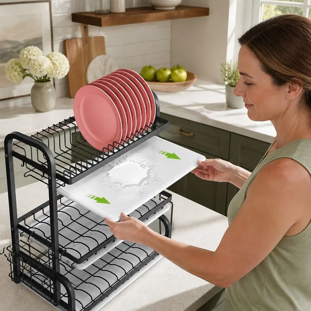3 Tier Dish Drying Rack Kitchen Storage Utensil Holder Cutting Board Organizer Large Capacity