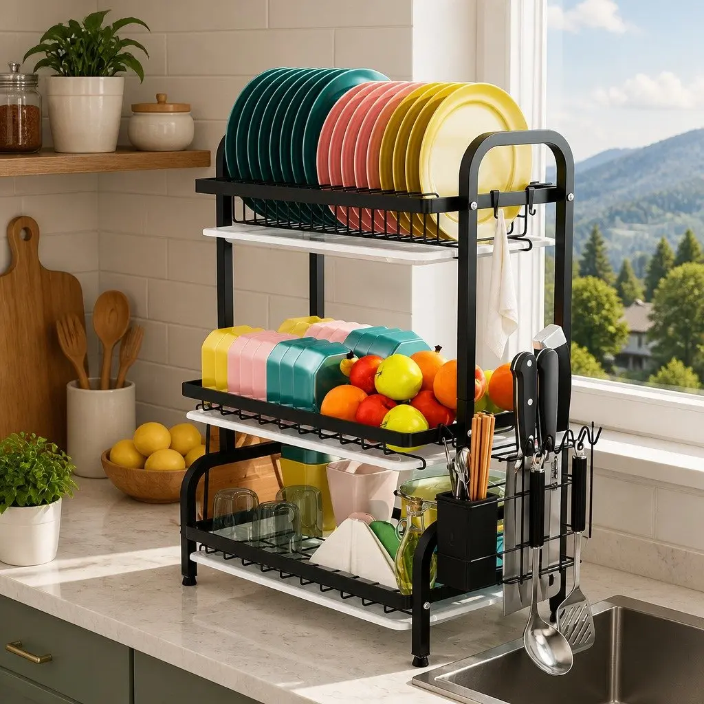 3 Tier Dish Drying Rack Kitchen Storage Utensil Holder Cutting Board Organizer Large Capacity