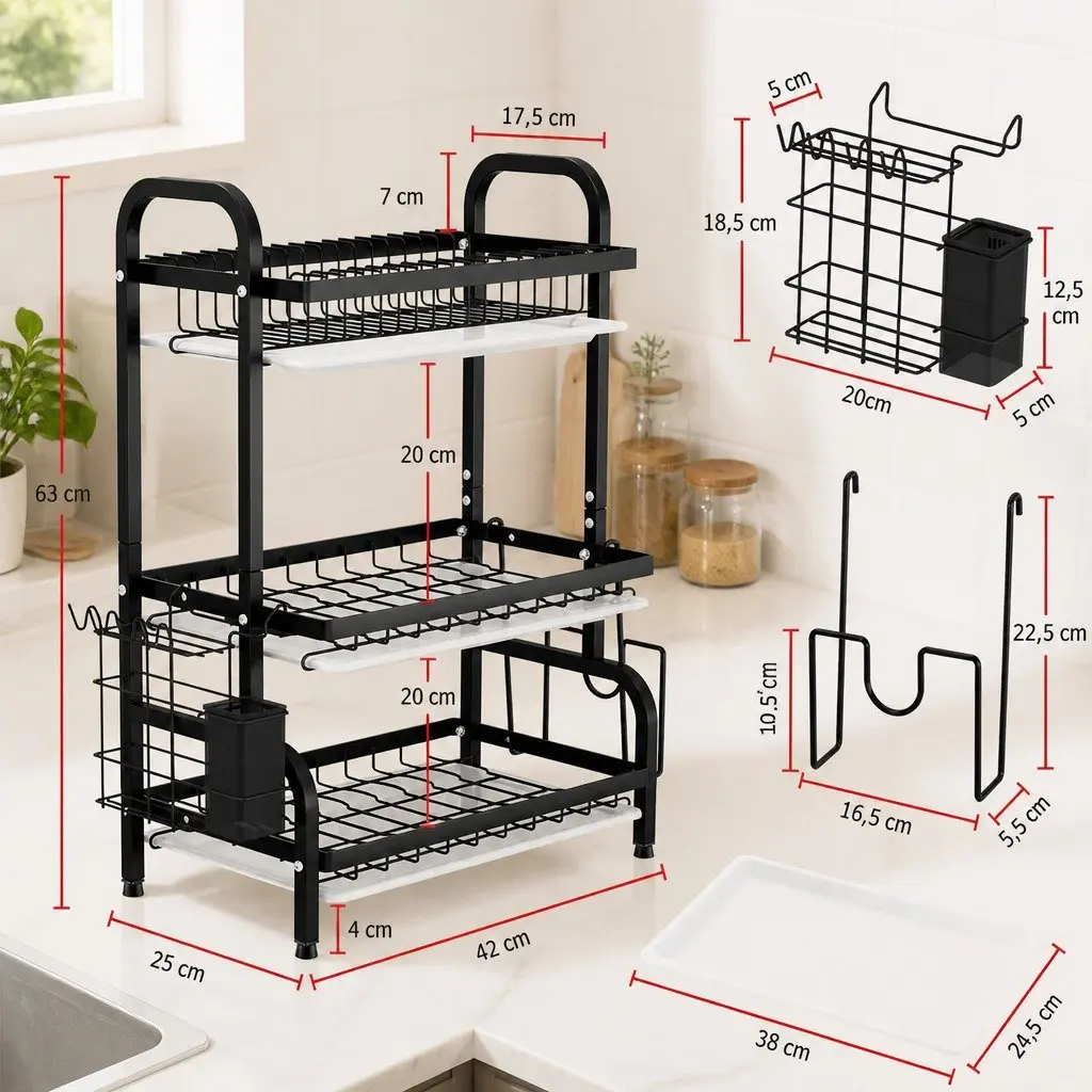 3 Tier Dish Drying Rack Kitchen Storage Utensil Holder Cutting Board Organizer Large Capacity