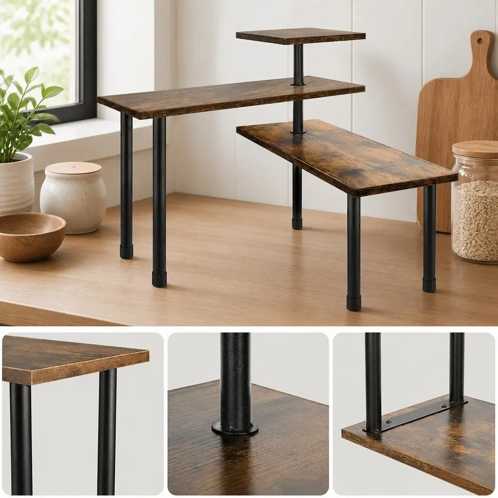 3-Tier Corner Shelf Wooden Kitchen Spice Rack Organiser Storage Display Stand 70x20x39cm