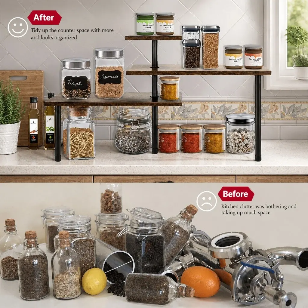 3-Tier Corner Shelf Wooden Kitchen Spice Rack Organiser Storage Display Stand 70x20x39cm