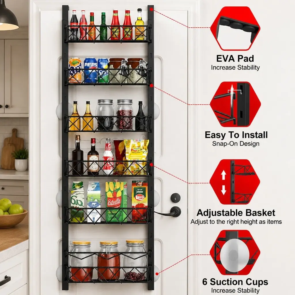 Over Door Pantry Organiser Adjustable Storage Baskets Kitchen Spice Rack 6 Tier Black