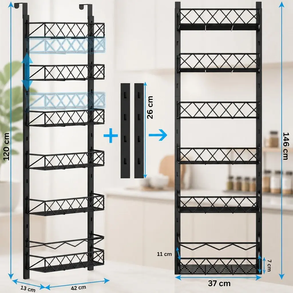 Over Door Pantry Organiser Adjustable Storage Baskets Kitchen Spice Rack 6 Tier Black
