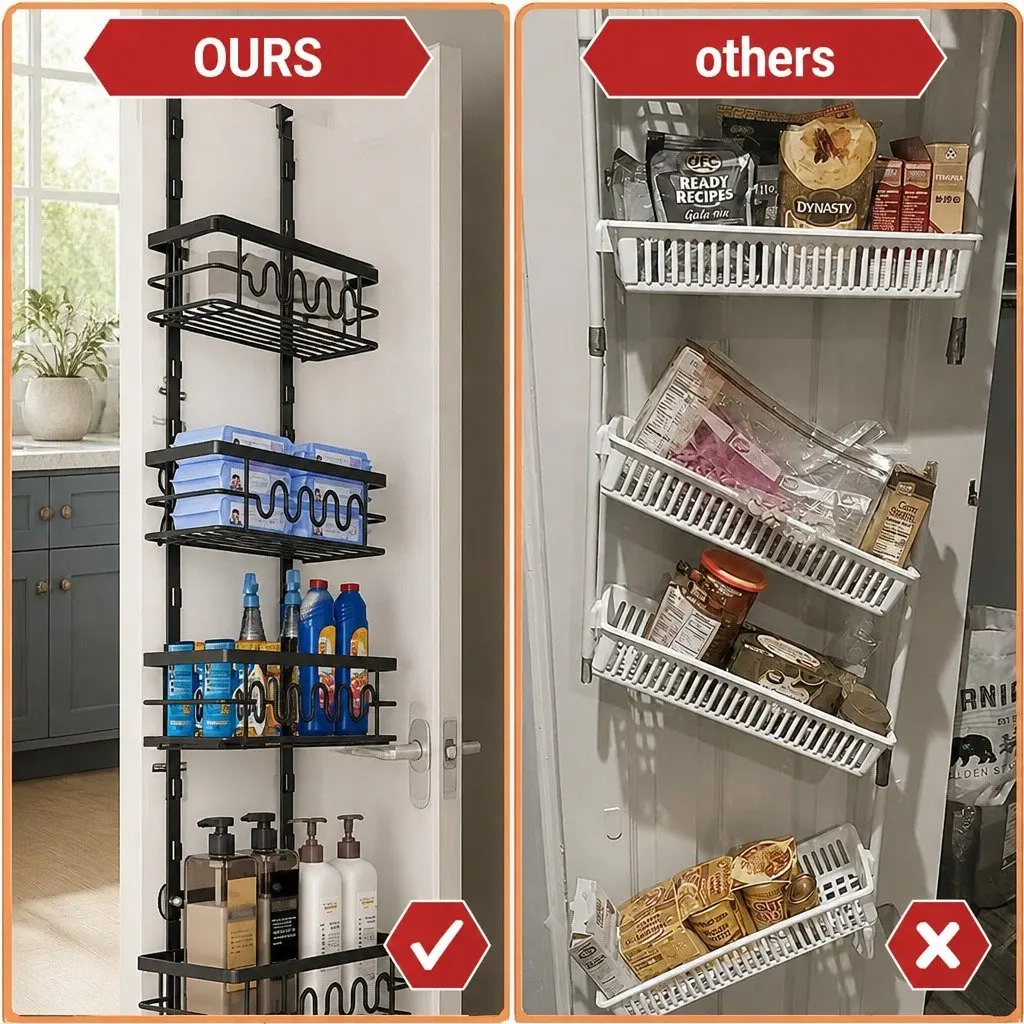 Over Door Pantry Organiser 4 Tier Adjustable Metal Baskets Kitchen Storage Rack Black