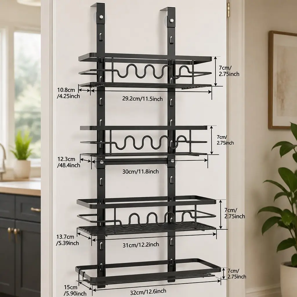 Over Door Pantry Organiser 4 Tier Adjustable Metal Baskets Kitchen Storage Rack Black