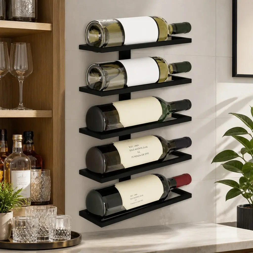 Metal Wall Mount Wine Rack Set Holds 10 Bottles Matte Black 2 Pcs