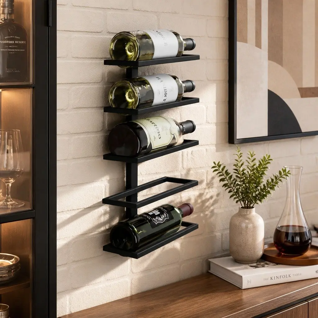 Metal Wall Mount Wine Rack Set Holds 10 Bottles Matte Black 2 Pcs