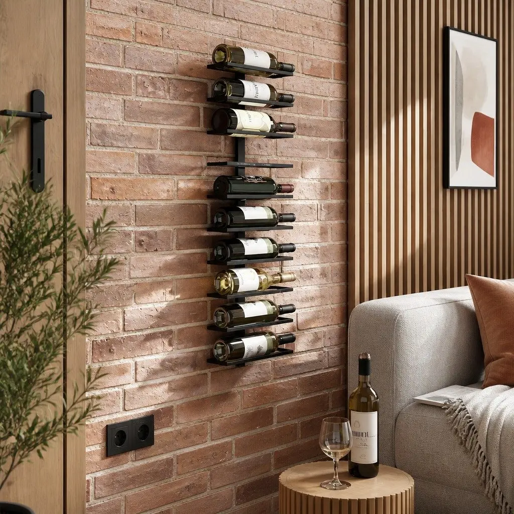 Metal Wall Mount Wine Rack Set Holds 10 Bottles Matte Black 2 Pcs