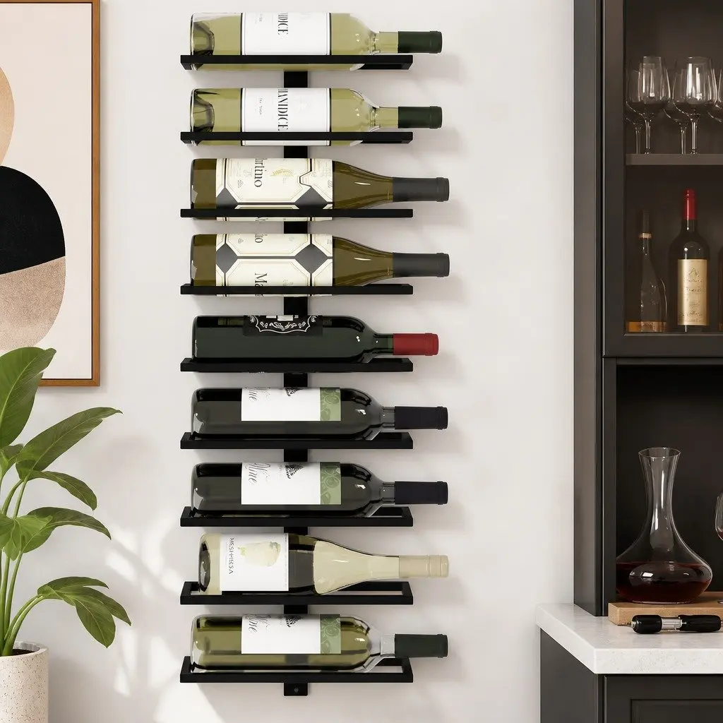 Metal Wall Mount Wine Rack Set Holds 10 Bottles Matte Black 2 Pcs