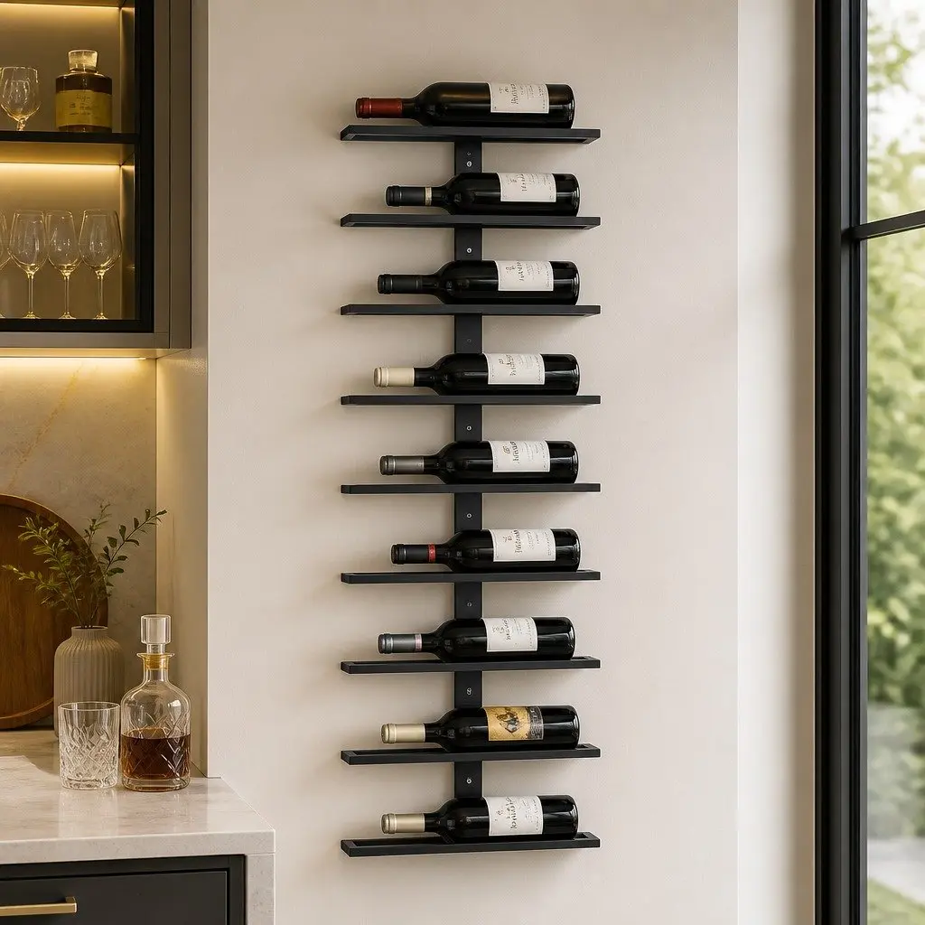 Metal Wall Mount Wine Rack Set Holds 10 Bottles Matte Black 2 Pcs