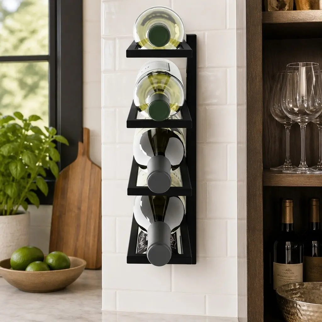 Metal Wall Mount Wine Rack Set Holds 10 Bottles Matte Black 2 Pcs