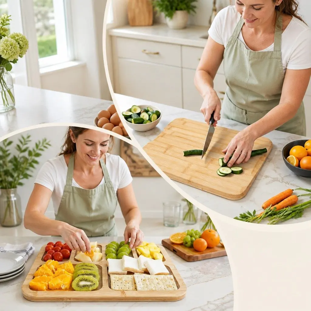 Bamboo Serving Tray Charcuterie Board with Lid Natural 6 Compartment Kitchen