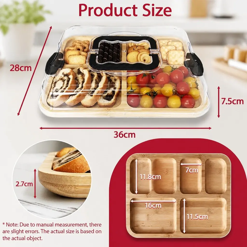 Bamboo Serving Tray Charcuterie Board with Lid Natural 6 Compartment Kitchen
