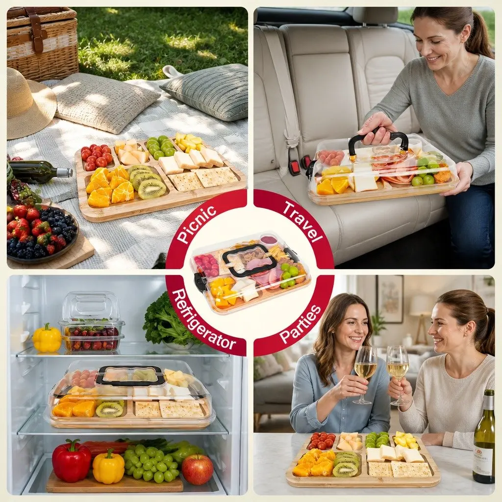 Bamboo Serving Tray Charcuterie Board with Lid Natural 6 Compartment Kitchen