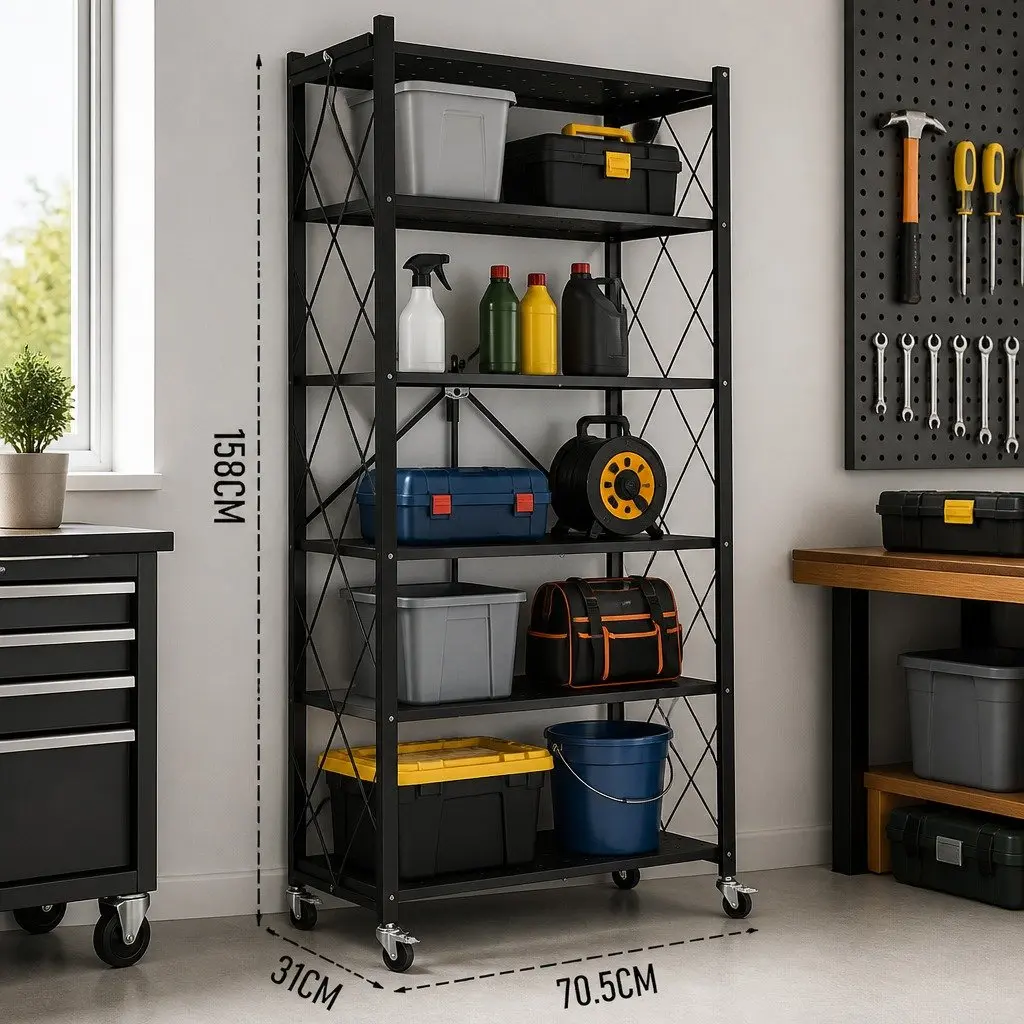 5-Tier Foldable Storage Shelf Mobile Kitchen Garage Pantry Black