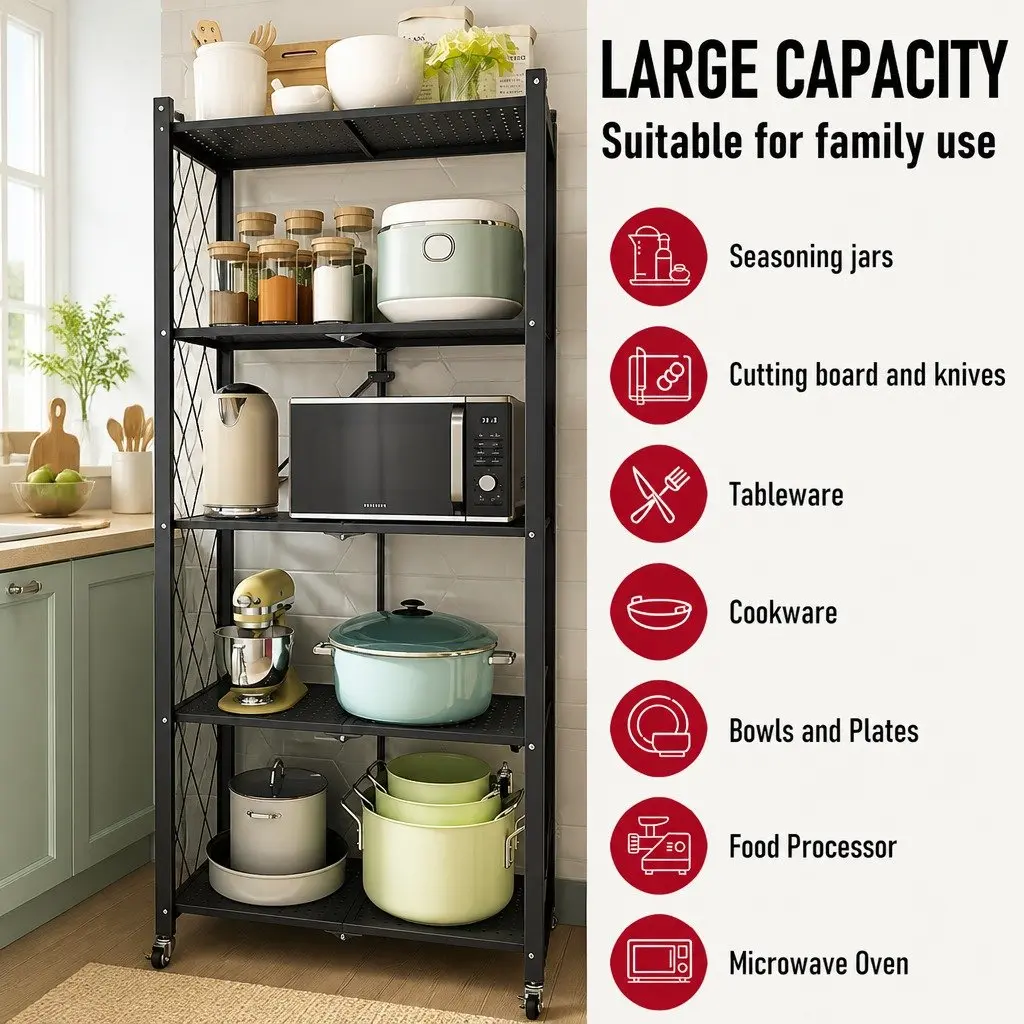5-Tier Foldable Storage Shelf Mobile Kitchen Garage Pantry Black