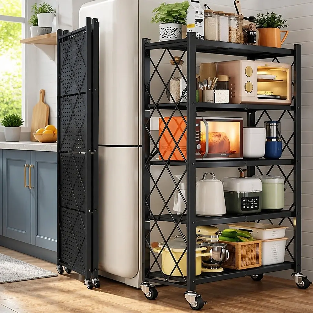 5-Tier Foldable Storage Shelf Mobile Kitchen Garage Pantry Black