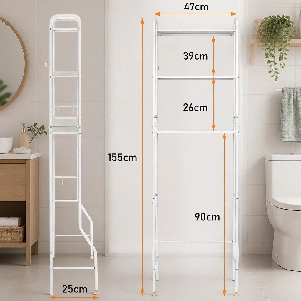 Over The Toilet Storage Rack 3-Tier Bathroom Organizer Steel Frame with Hooks Paper Holder Rust Resistant