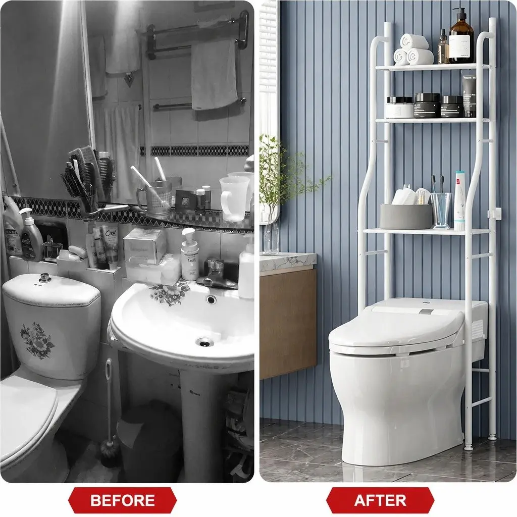 Over The Toilet Storage Rack 3-Tier Bathroom Organizer Steel Frame with Hooks Paper Holder Rust Resistant