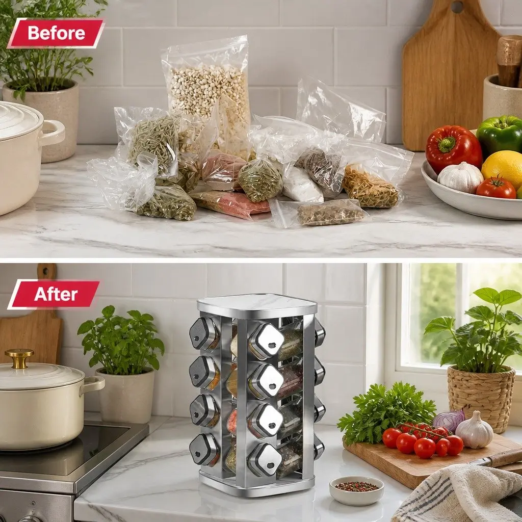 Rotating Spice Rack Organizer 20 Glass Jars Kitchen Countertop Storage Carousel