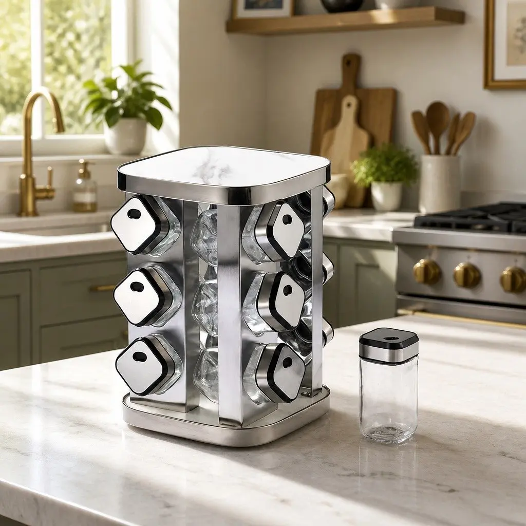 Rotating Spice Rack Organizer 20 Glass Jars Kitchen Countertop Storage Carousel
