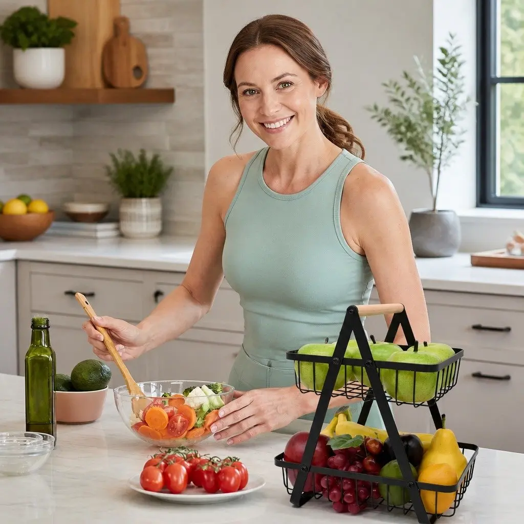 2-Tier Fruit Basket Stand Kitchen Countertop Organizer Storage Wire Baskets Black