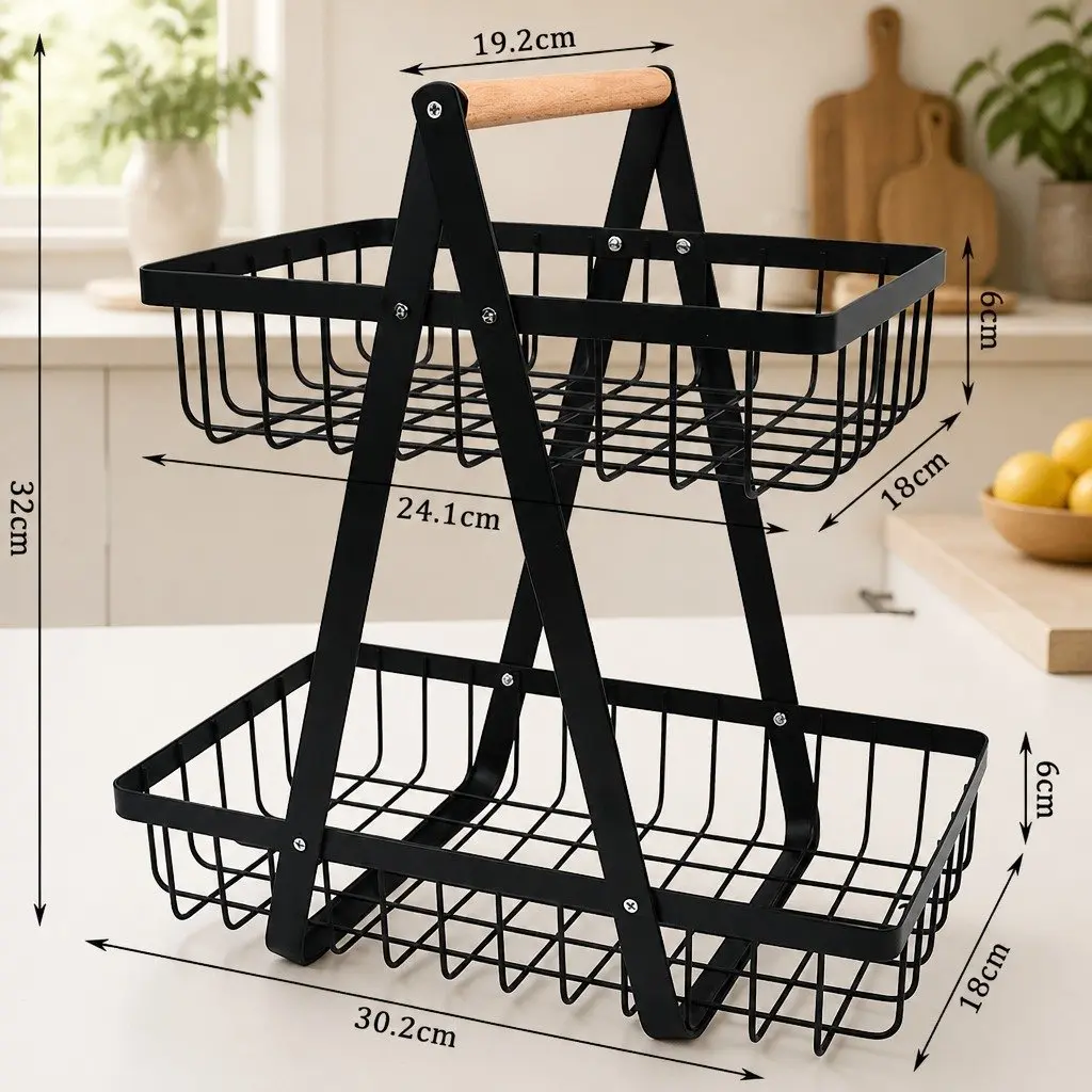 2-Tier Fruit Basket Stand Kitchen Countertop Organizer Storage Wire Baskets Black