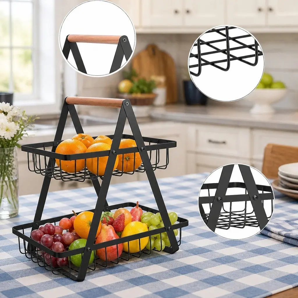 2-Tier Fruit Basket Stand Kitchen Countertop Organizer Storage Wire Baskets Black