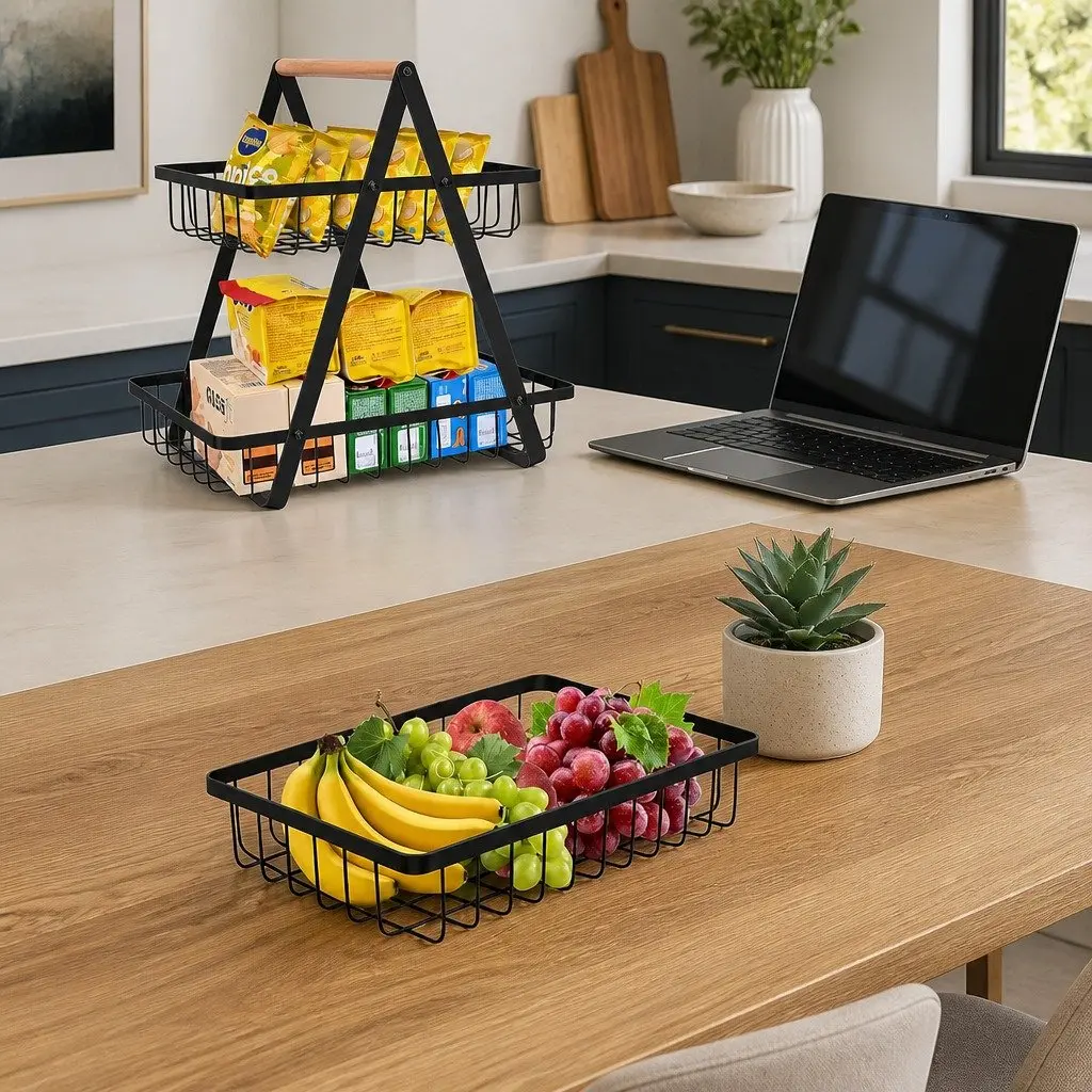 2-Tier Fruit Basket Stand Kitchen Countertop Organizer Storage Wire Baskets Black