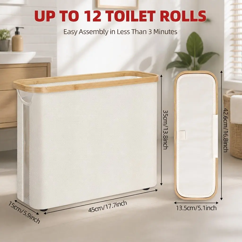Toilet Paper Storage Basket Organizer 12 Rolls Compact Size White Bamboo Lid Handle