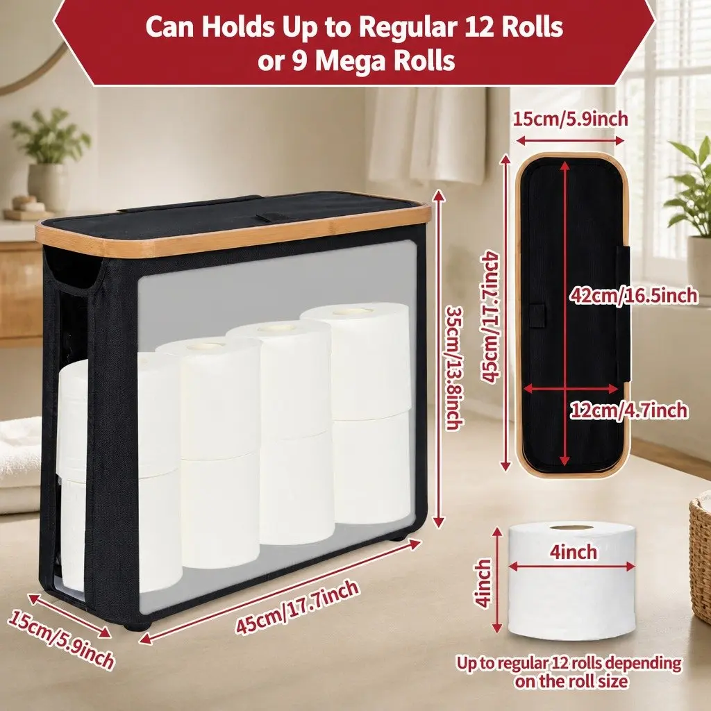 Toilet Paper Storage Basket 12 Roll Capacity Bamboo Lid Handle Black