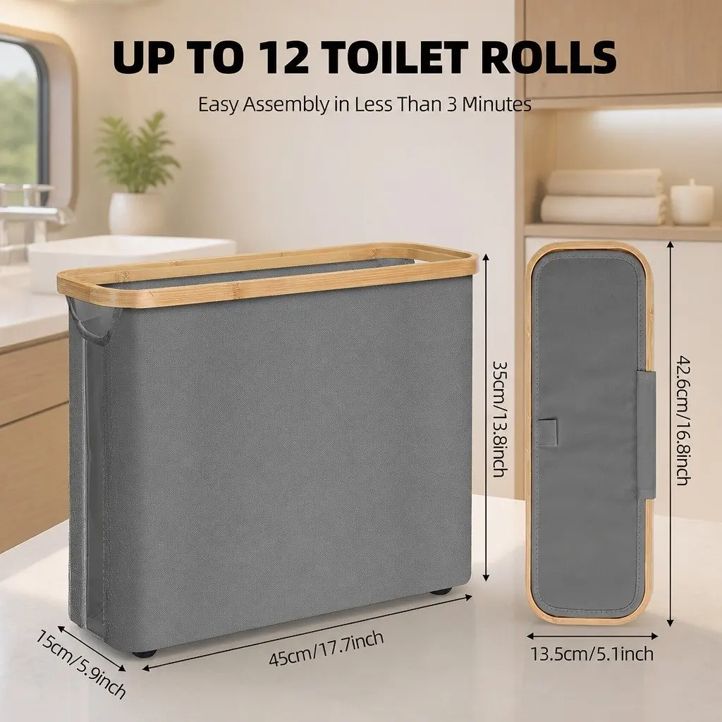 Toilet Paper Storage Basket Organizer Holds 12 Rolls Slim Grey Oxford Cloth Bamboo Lid Handle