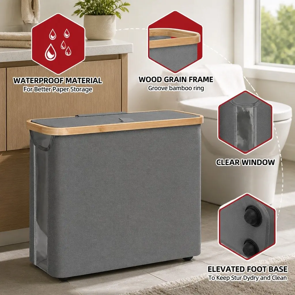 Toilet Paper Storage Basket Organizer Holds 12 Rolls Slim Grey Oxford Cloth Bamboo Lid Handle