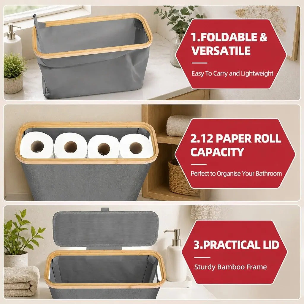 Toilet Paper Storage Basket Organizer Holds 12 Rolls Slim Grey Oxford Cloth Bamboo Lid Handle