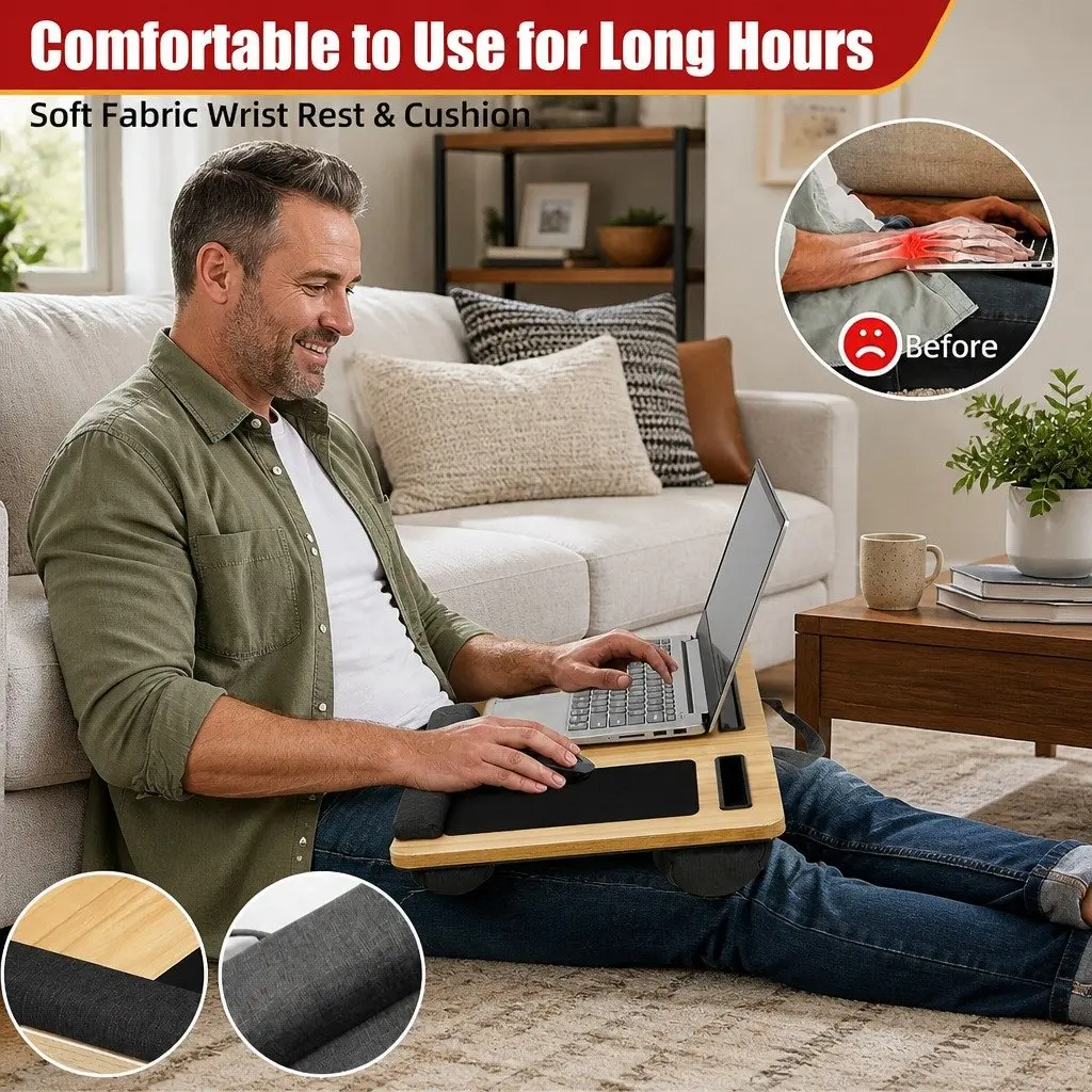 Portable Lap Desk Oversized with Cushion Mouse Pad Tablet Phone Holder Fits 17