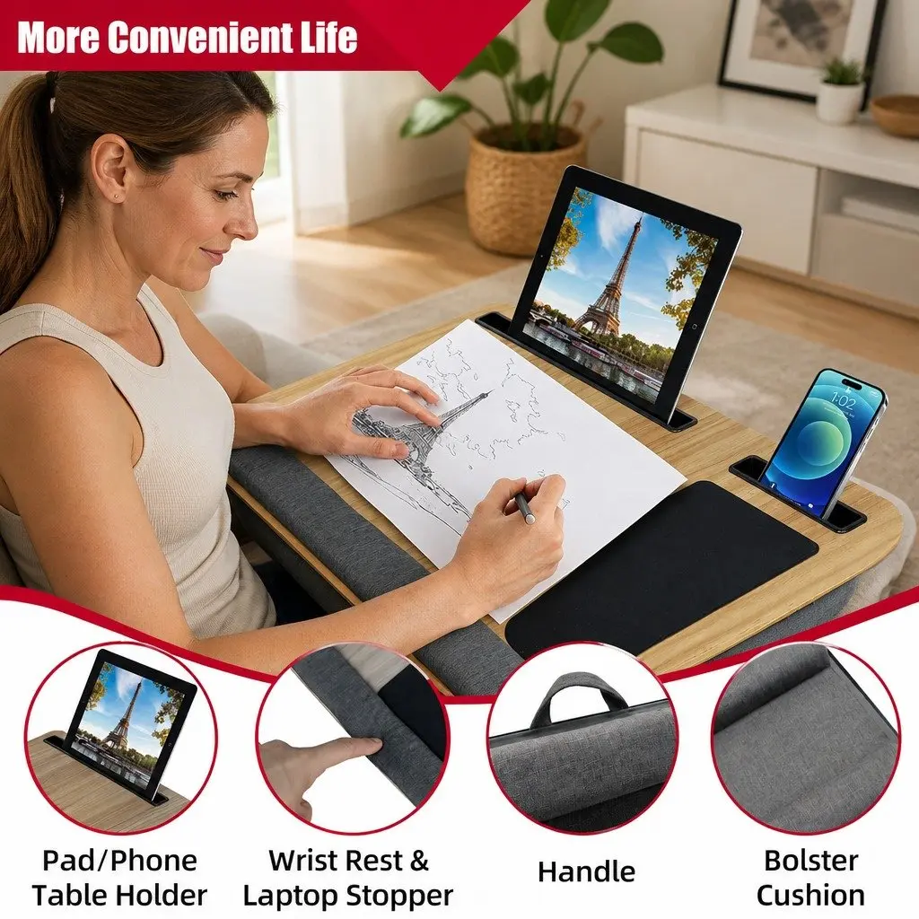 Portable Lap Desk Oversized with Cushion Mouse Pad Tablet Phone Holder Fits 17
