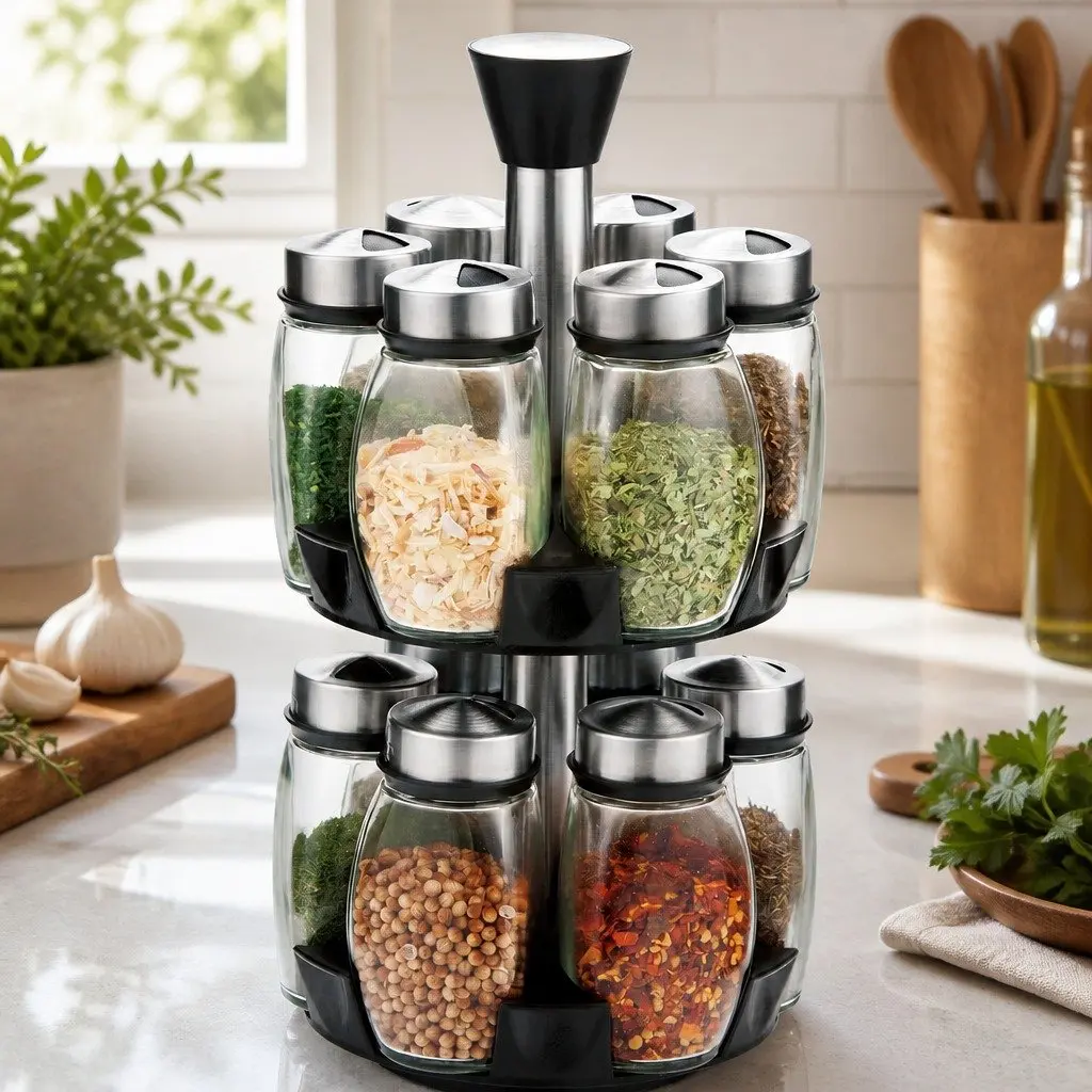 Spice Rack with Rotating Base and Jars