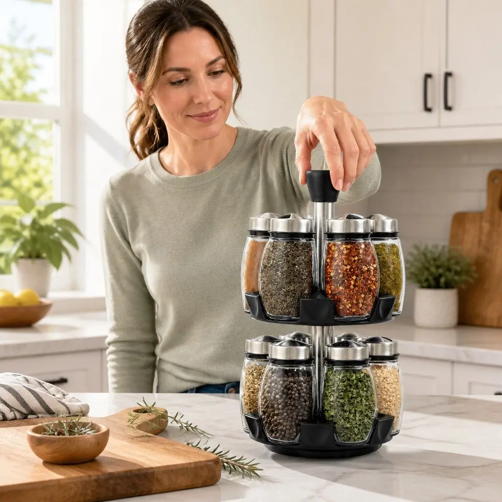 Rotating Spice Rack Organizer Kitchen Seasoning Storage 16 Glass Jars Countertop