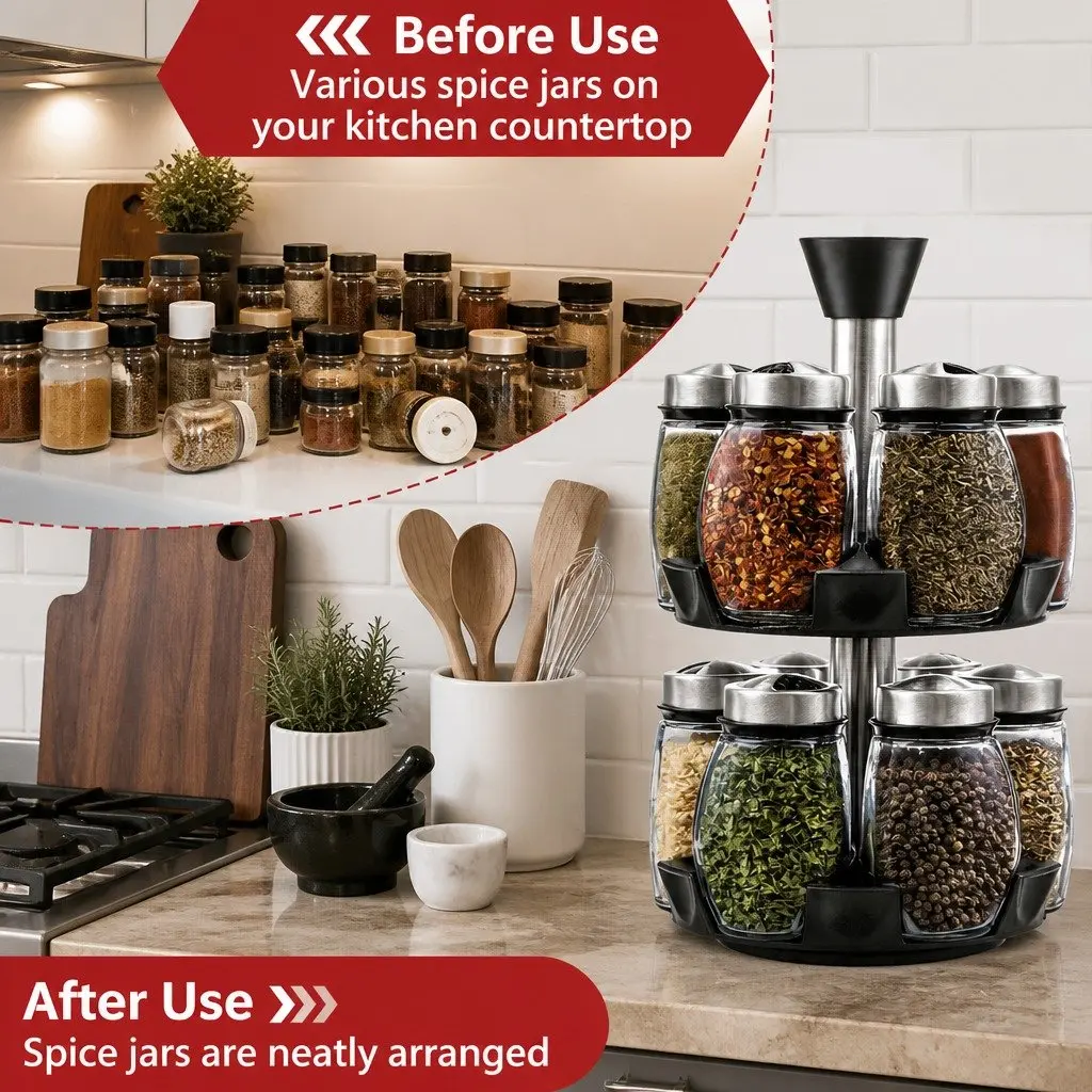 Rotating Spice Rack Organizer Kitchen Seasoning Storage 16 Glass Jars Countertop