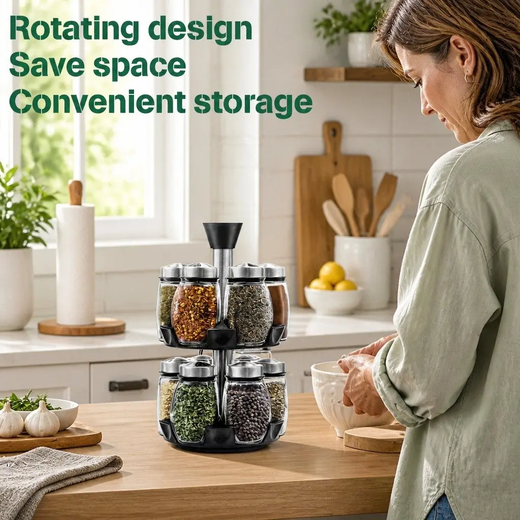 Rotating Spice Rack Organizer Kitchen Seasoning Storage 16 Glass Jars Countertop