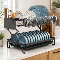 2-Tier Dish Drying Rack with Drainage Tray Utensil Holder Cup Hooks Cutting
