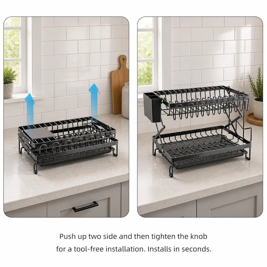 2-Tier Dish Drying Rack Kitchen Organization Black