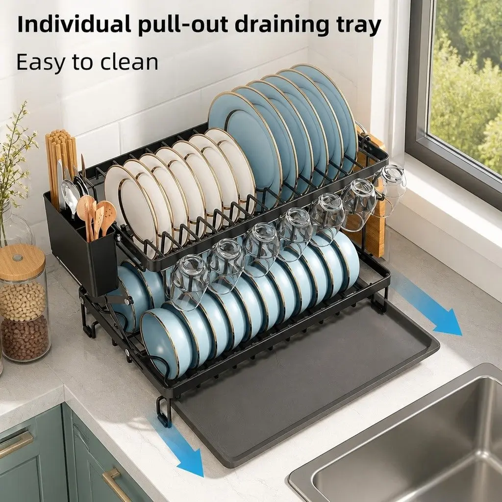 2-Tier Dish Drying Rack Kitchen Organization Black